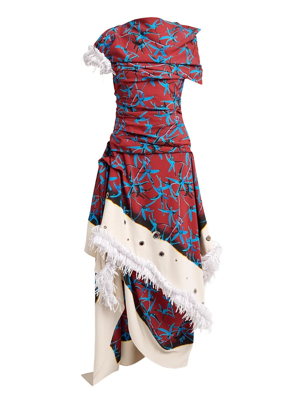 Proenza Schouler Bodine Asymmetric Draped Grommet Fringe High-Low Dress