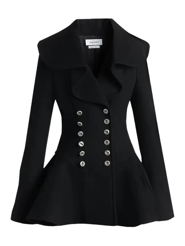 Ruffle Wool Fitted Double-Breasted Coat