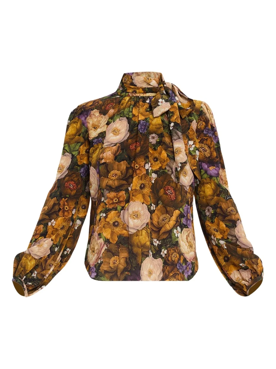 Joan Floral Silk Neck Scarf Long-Sleeve Top Joan Floral Silk Neck Scarf Long-Sleeve Top