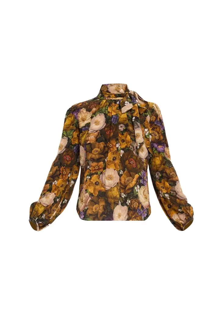 Joan Floral Silk Neck Scarf Long-Sleeve Top Joan Floral Silk Neck Scarf Long-Sleeve Top