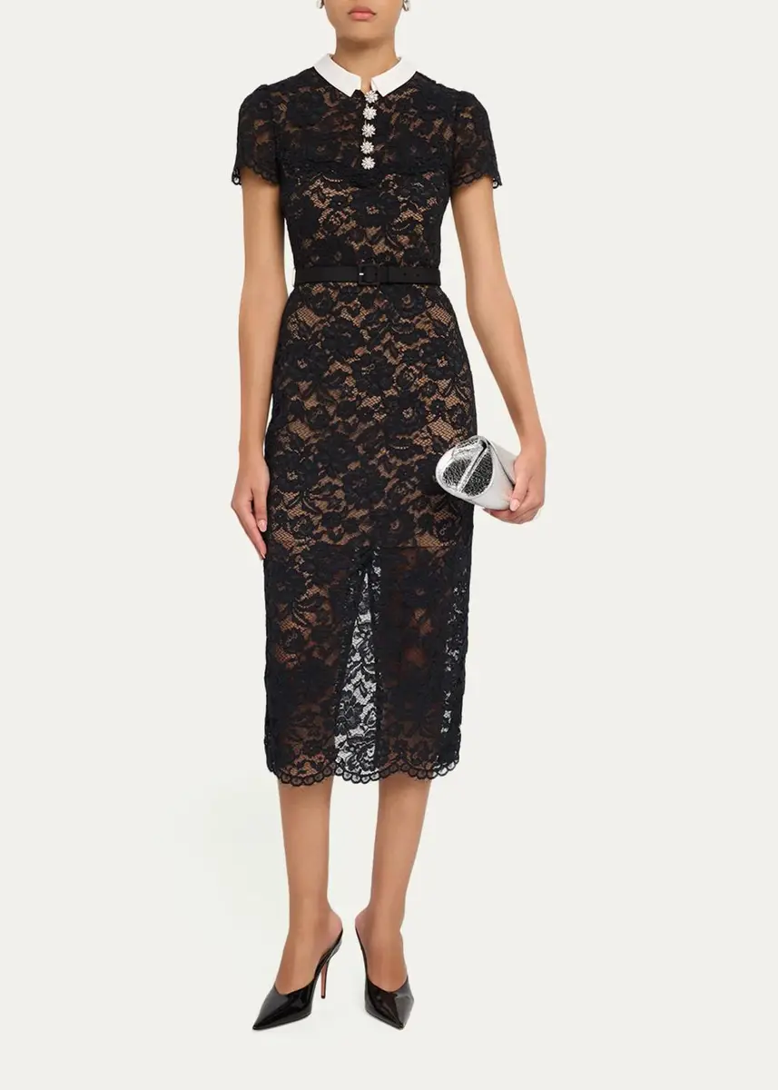 Self-Portrait Lace Contrast Collar Midi Dress | Thumbnail 2