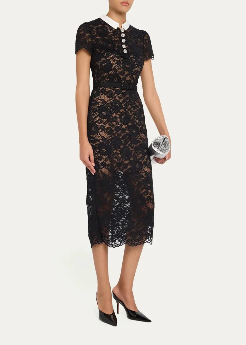 Self-Portrait Lace Contrast Collar Midi Dress | Thumbnail 4