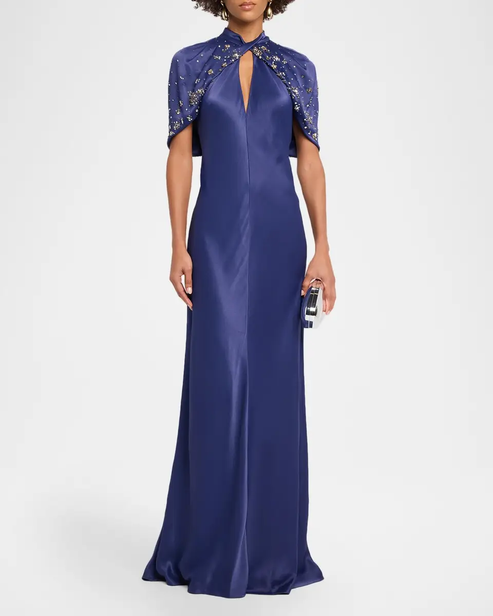 Alberta Ferretti Embellished Capelet-Sleeve Keyhole Satin Gown | Thumbnail 2 Alberta Ferretti Embellished Capelet-Sleeve Keyhole Satin Gown | Thumbnail 2