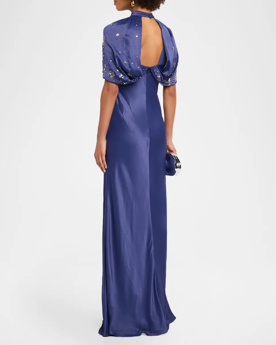Alberta Ferretti Embellished Capelet-Sleeve Keyhole Satin Gown | Thumbnail 3 Alberta Ferretti Embellished Capelet-Sleeve Keyhole Satin Gown | Thumbnail 3