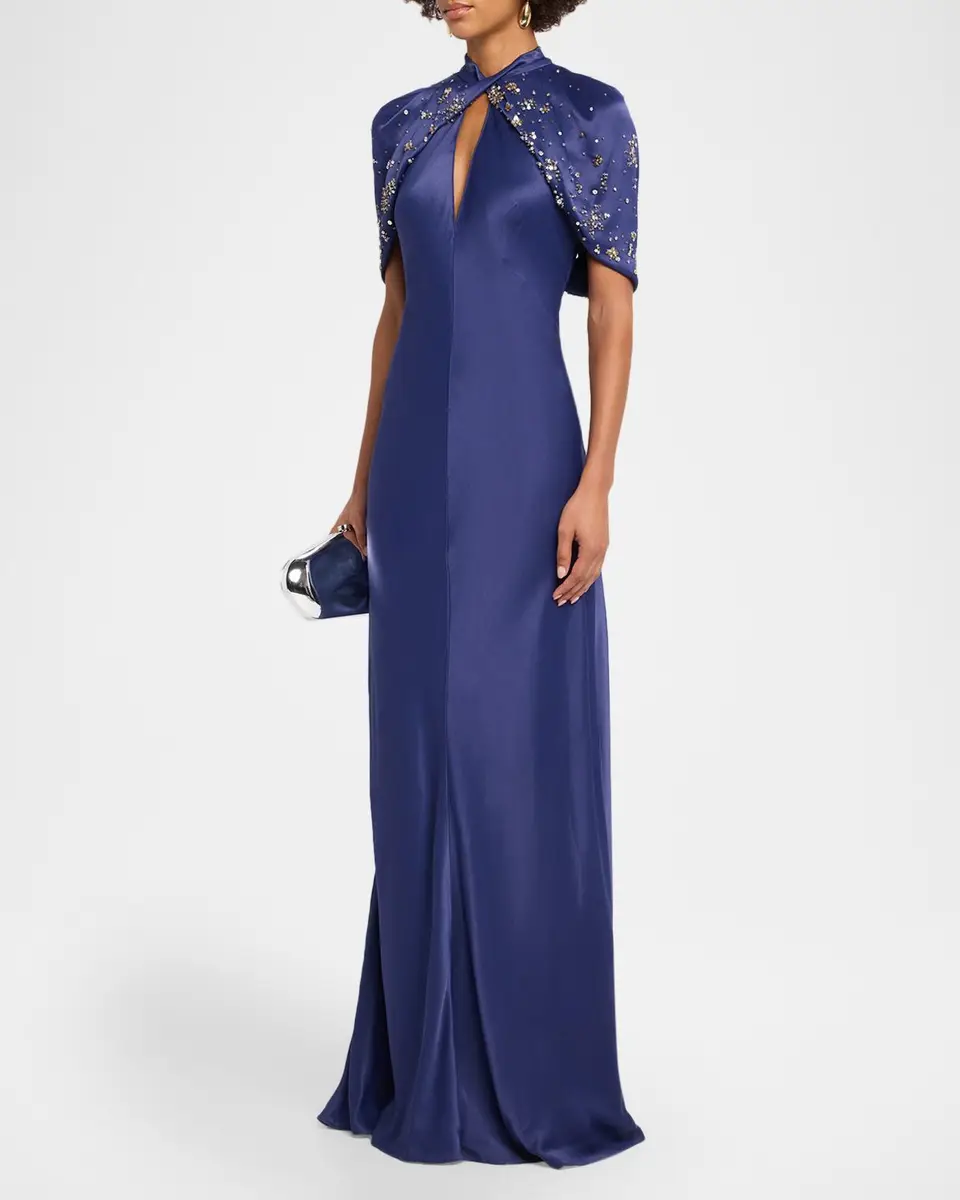 Alberta Ferretti Embellished Capelet-Sleeve Keyhole Satin Gown | Thumbnail 4 Alberta Ferretti Embellished Capelet-Sleeve Keyhole Satin Gown | Thumbnail 4