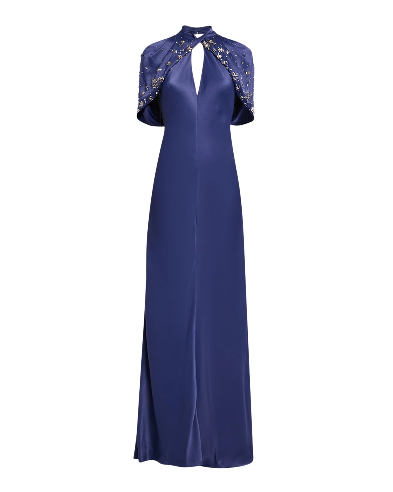 Embellished Capelet-Sleeve Keyhole Satin Gown