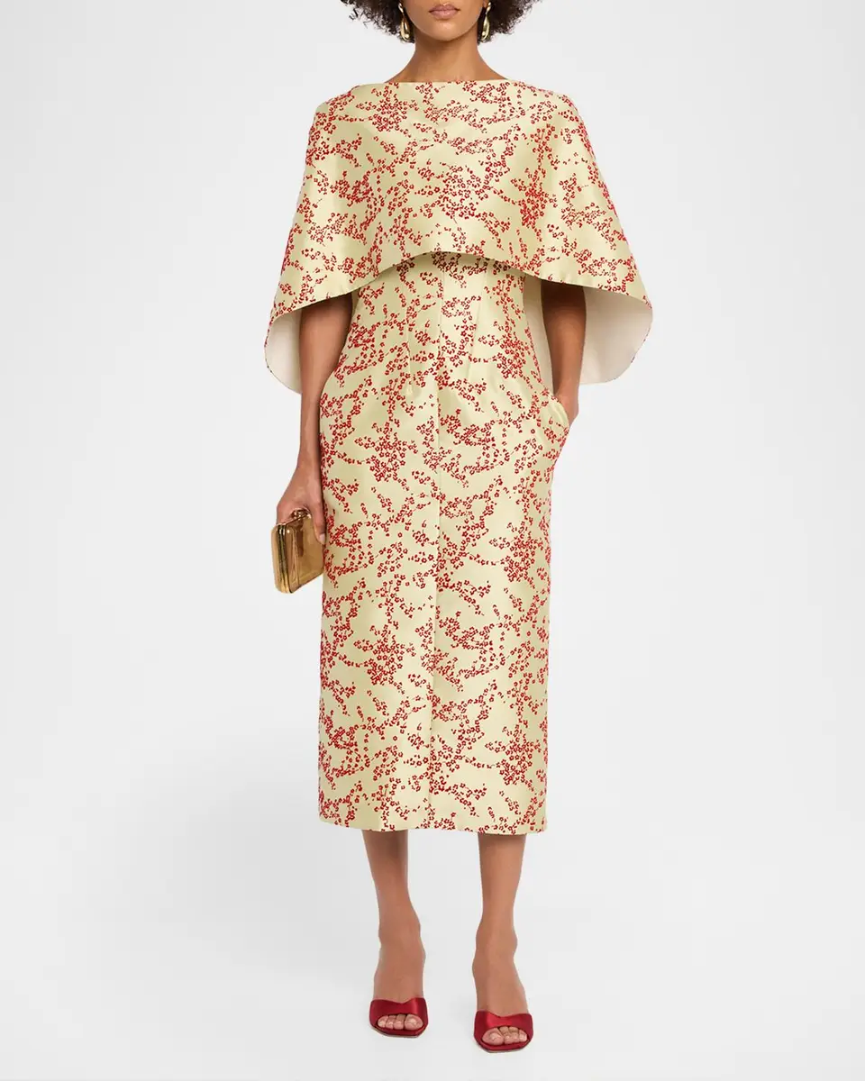 Alberta Ferretti Floral Mikado Silk Capelet Midi Dress | Thumbnail 2 Alberta Ferretti Floral Mikado Silk Capelet Midi Dress | Thumbnail 2