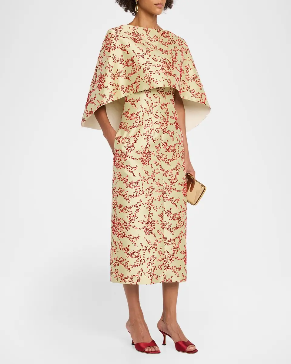 Alberta Ferretti Floral Mikado Silk Capelet Midi Dress | Thumbnail 4 Alberta Ferretti Floral Mikado Silk Capelet Midi Dress | Thumbnail 4