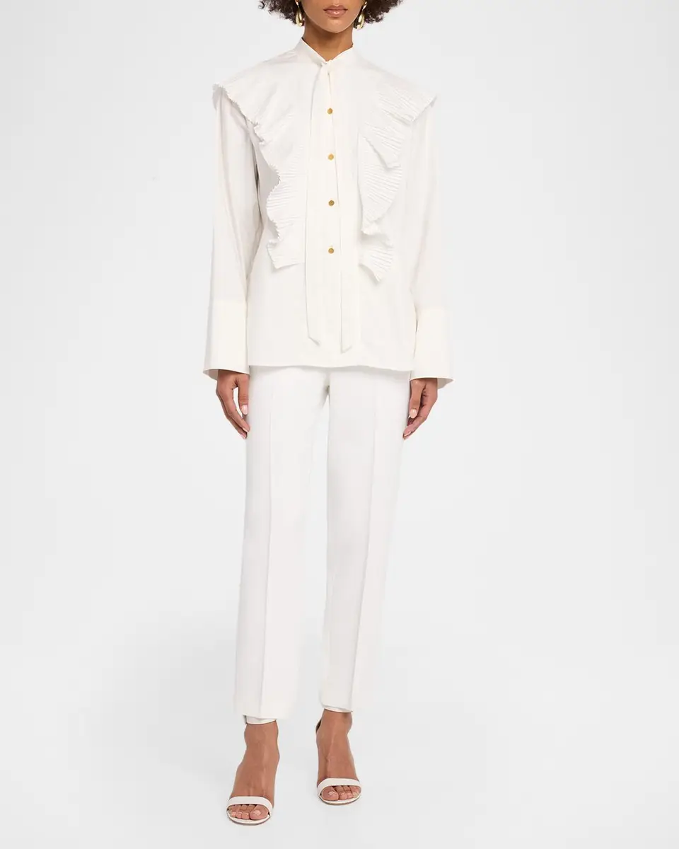Alberta Ferretti Neck-Tie Plisse Ruffle Cotton Button-Down Blouse | Thumbnail 2 Alberta Ferretti Neck-Tie Plisse Ruffle Cotton Button-Down Blouse | Thumbnail 2