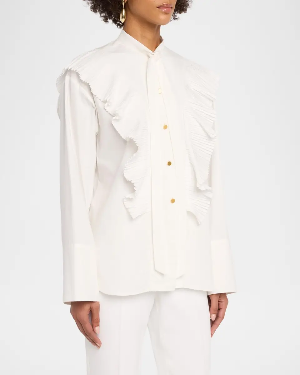 Alberta Ferretti Neck-Tie Plisse Ruffle Cotton Button-Down Blouse | Thumbnail 4 Alberta Ferretti Neck-Tie Plisse Ruffle Cotton Button-Down Blouse | Thumbnail 4