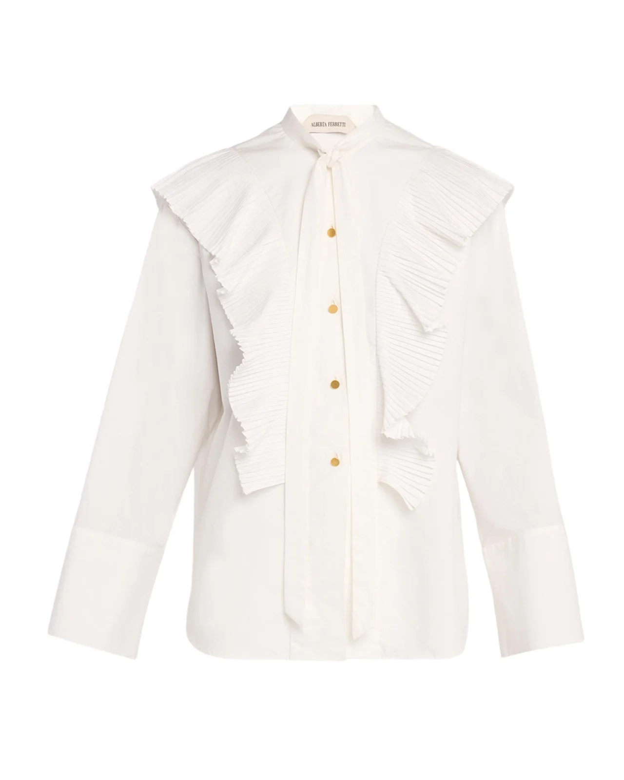 Alberta Ferretti Neck-Tie Plisse Ruffle Cotton Button-Down Blouse