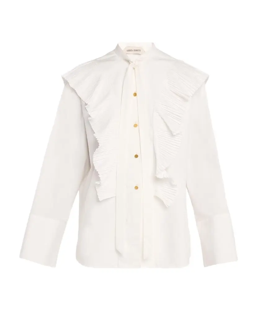 Neck-Tie Plisse Ruffle Cotton Button-Down Blouse
