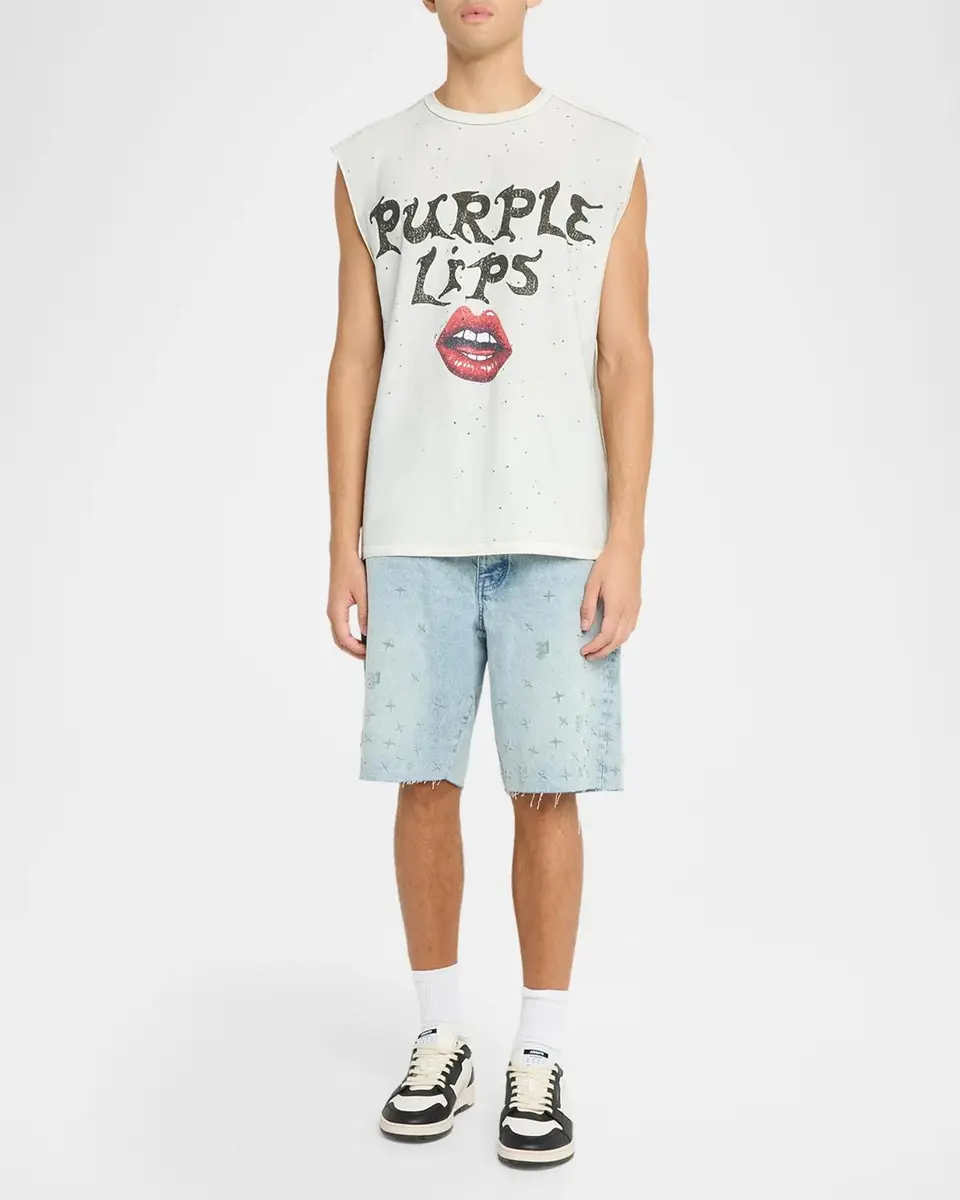 PURPLE Men's Textured Jersey Lips Graphic Sleeveless T-Shirt | Thumbnail 2