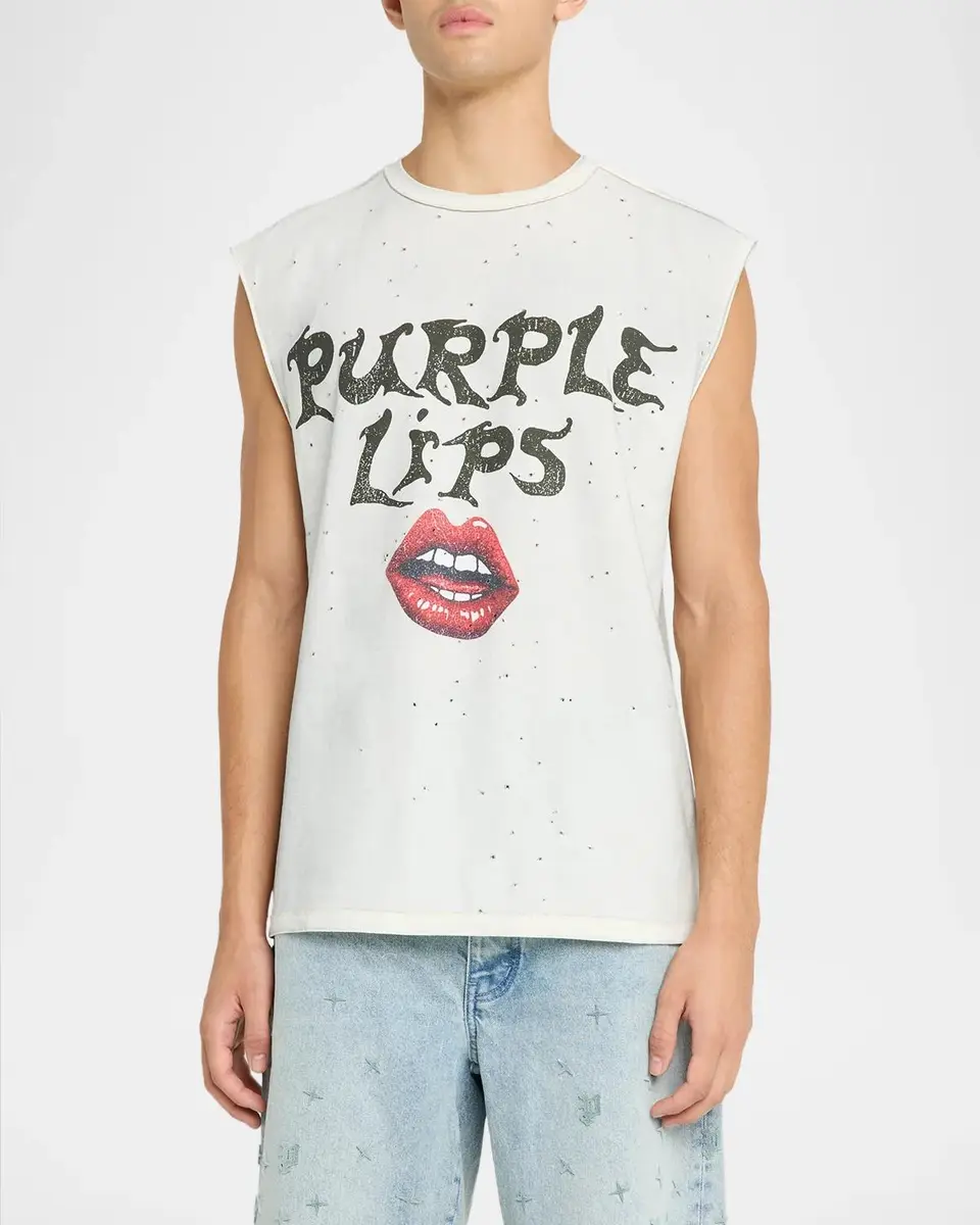 PURPLE Men's Textured Jersey Lips Graphic Sleeveless T-Shirt | Thumbnail 4
