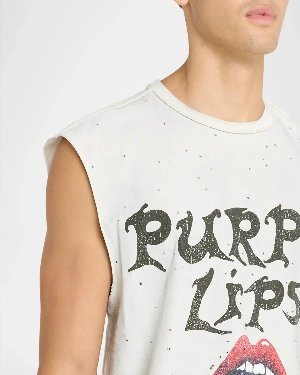 PURPLE Men's Textured Jersey Lips Graphic Sleeveless T-Shirt | Thumbnail 5