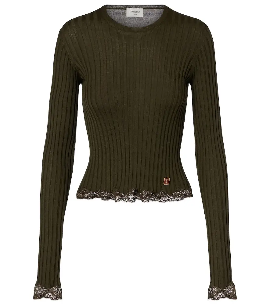 Saint Laurent Lace-trimmed wool, cashmere, and silk top | Image 1 Saint Laurent Lace-trimmed wool, cashmere, and silk top | Image 1