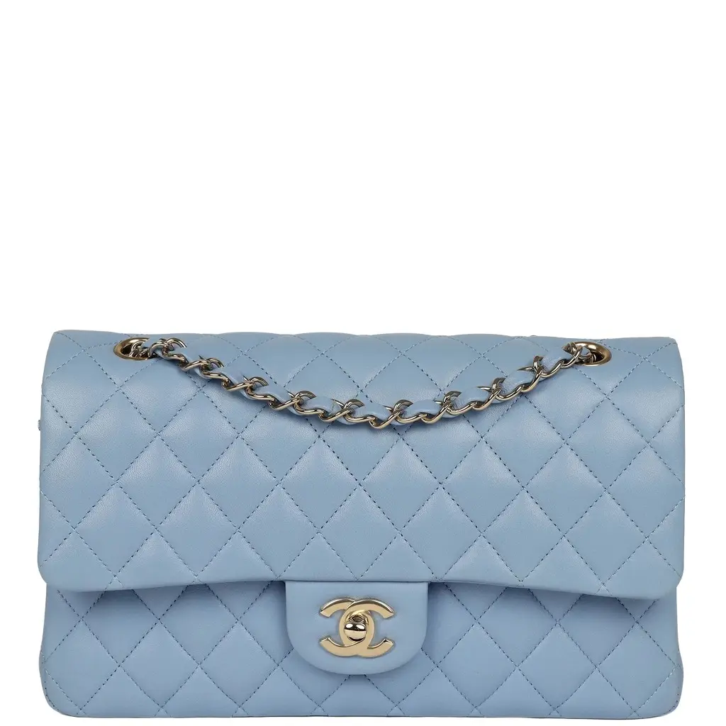 Chanel Chanel Medium Classic Double Flap Bag Light Blue Lambskin Light Gold Hardware | Image 1 Chanel Chanel Medium Classic Double Flap Bag Light Blue Lambskin Light Gold Hardware | Image 1