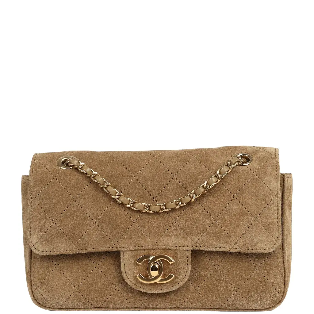 Chanel Chanel Mini "Souplissimo" Flap Bag Beige Suede Gold Hardware | Image 1 Chanel Chanel Mini "Souplissimo" Flap Bag Beige Suede Gold Hardware | Image 1