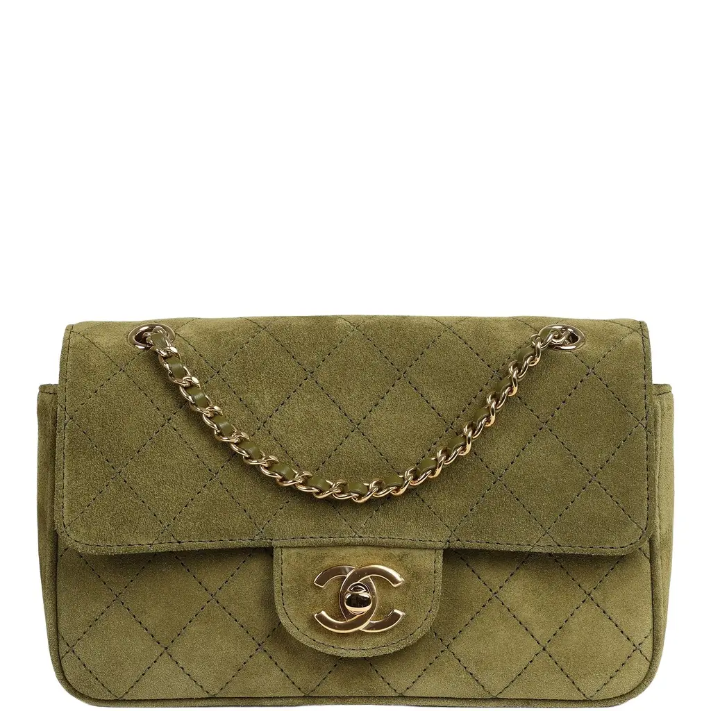 Chanel Chanel Mini "Souplissimo" Flap Bag Khaki Suede Gold Hardware | Image 1 Chanel Chanel Mini "Souplissimo" Flap Bag Khaki Suede Gold Hardware | Image 1