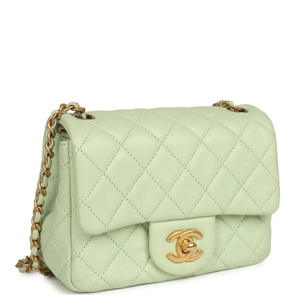 Chanel Chanel Mini Square Pearl Crush Flap Bag Light Green Lambskin Antique Gold Hardware | Thumbnail 2 Chanel Chanel Mini Square Pearl Crush Flap Bag Light Green Lambskin Antique Gold Hardware | Thumbnail 2