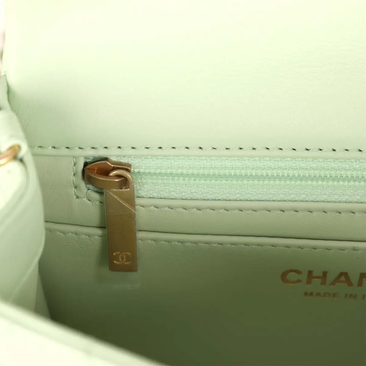 Chanel Chanel Mini Square Pearl Crush Flap Bag Light Green Lambskin Antique Gold Hardware | Thumbnail 11 Chanel Chanel Mini Square Pearl Crush Flap Bag Light Green Lambskin Antique Gold Hardware | Thumbnail 11