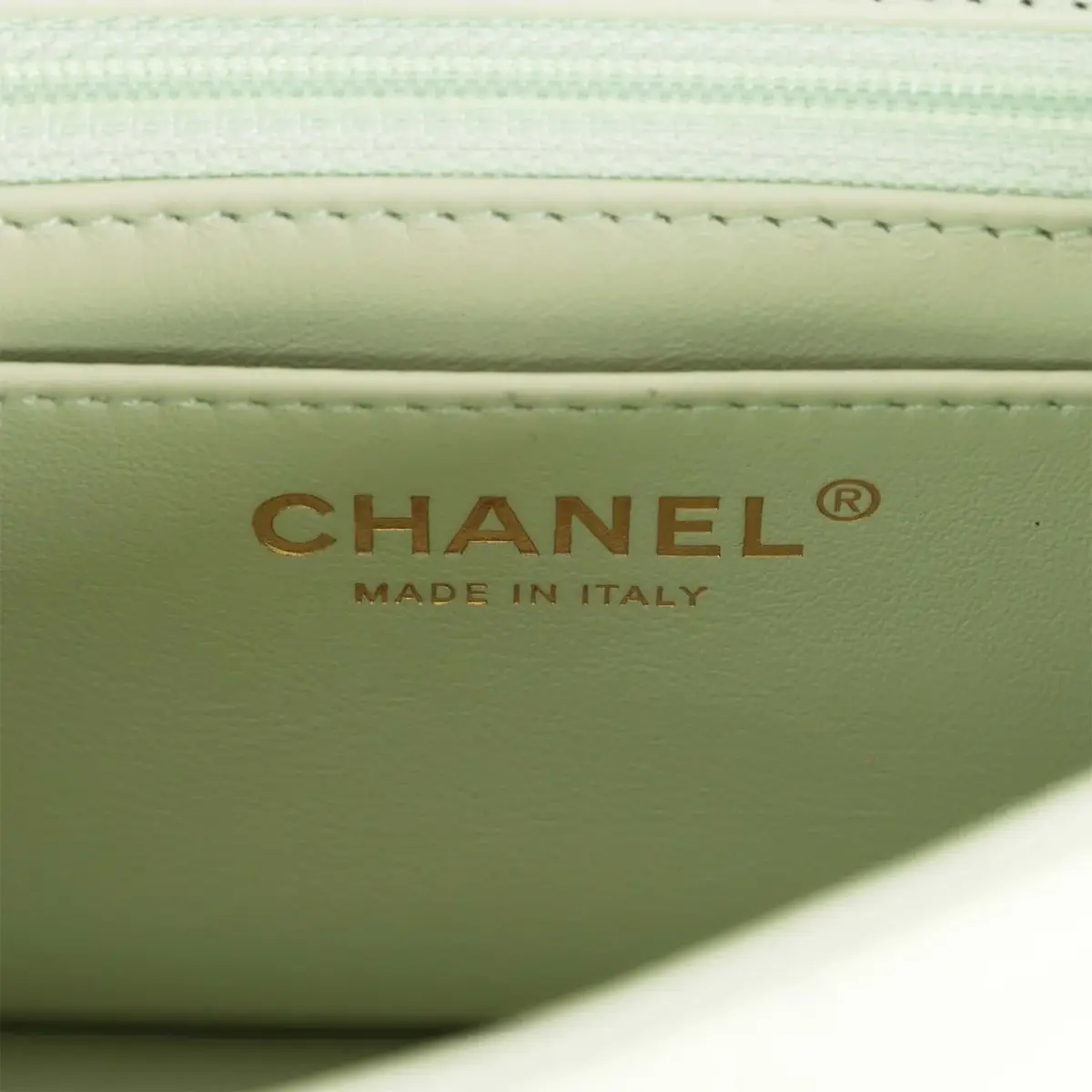 Chanel Chanel Mini Square Pearl Crush Flap Bag Light Green Lambskin Antique Gold Hardware | Thumbnail 10 Chanel Chanel Mini Square Pearl Crush Flap Bag Light Green Lambskin Antique Gold Hardware | Thumbnail 10