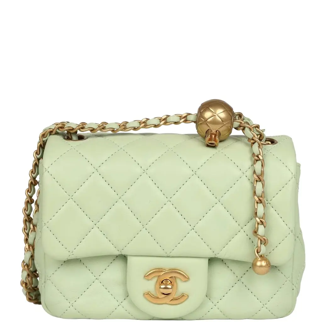 Chanel Chanel Mini Square Pearl Crush Flap Bag Light Green Lambskin Antique Gold Hardware | Image 1 Chanel Chanel Mini Square Pearl Crush Flap Bag Light Green Lambskin Antique Gold Hardware | Image 1