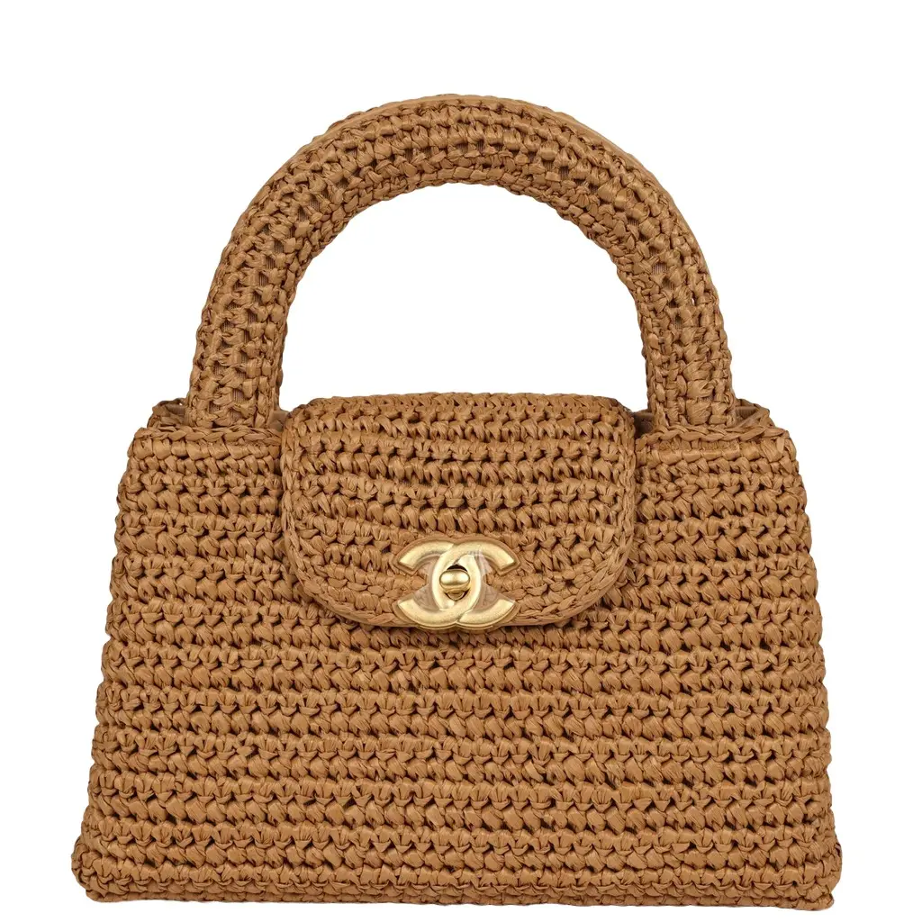 Chanel Chanel Small Kelly Shopper Dark Beige Raffia Brushed Gold Hardware | Image 1 Chanel Chanel Small Kelly Shopper Dark Beige Raffia Brushed Gold Hardware | Image 1