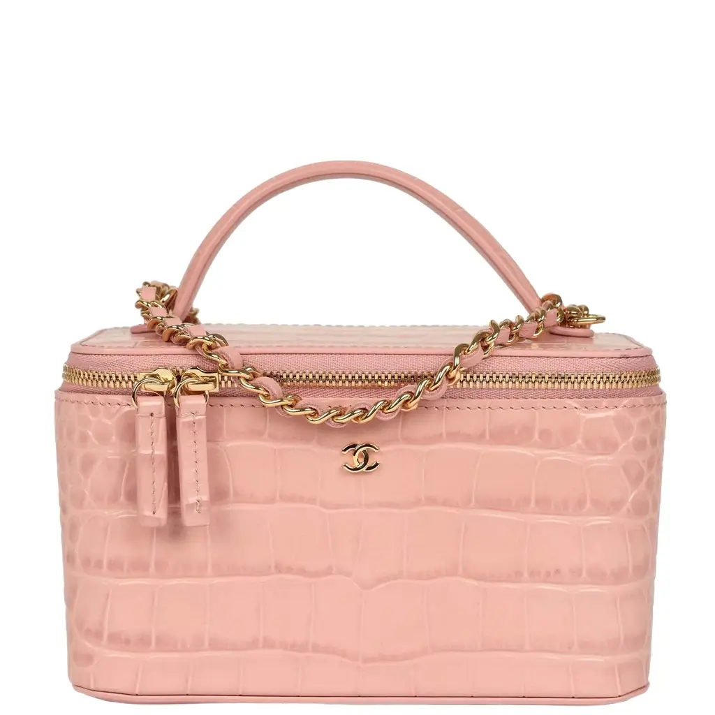 Chanel Chanel Small Top Handle Vanity Case Light Pink Croc Embossed Calfskin Gold Hardware | Image 1 Chanel Chanel Small Top Handle Vanity Case Light Pink Croc Embossed Calfskin Gold Hardware | Image 1