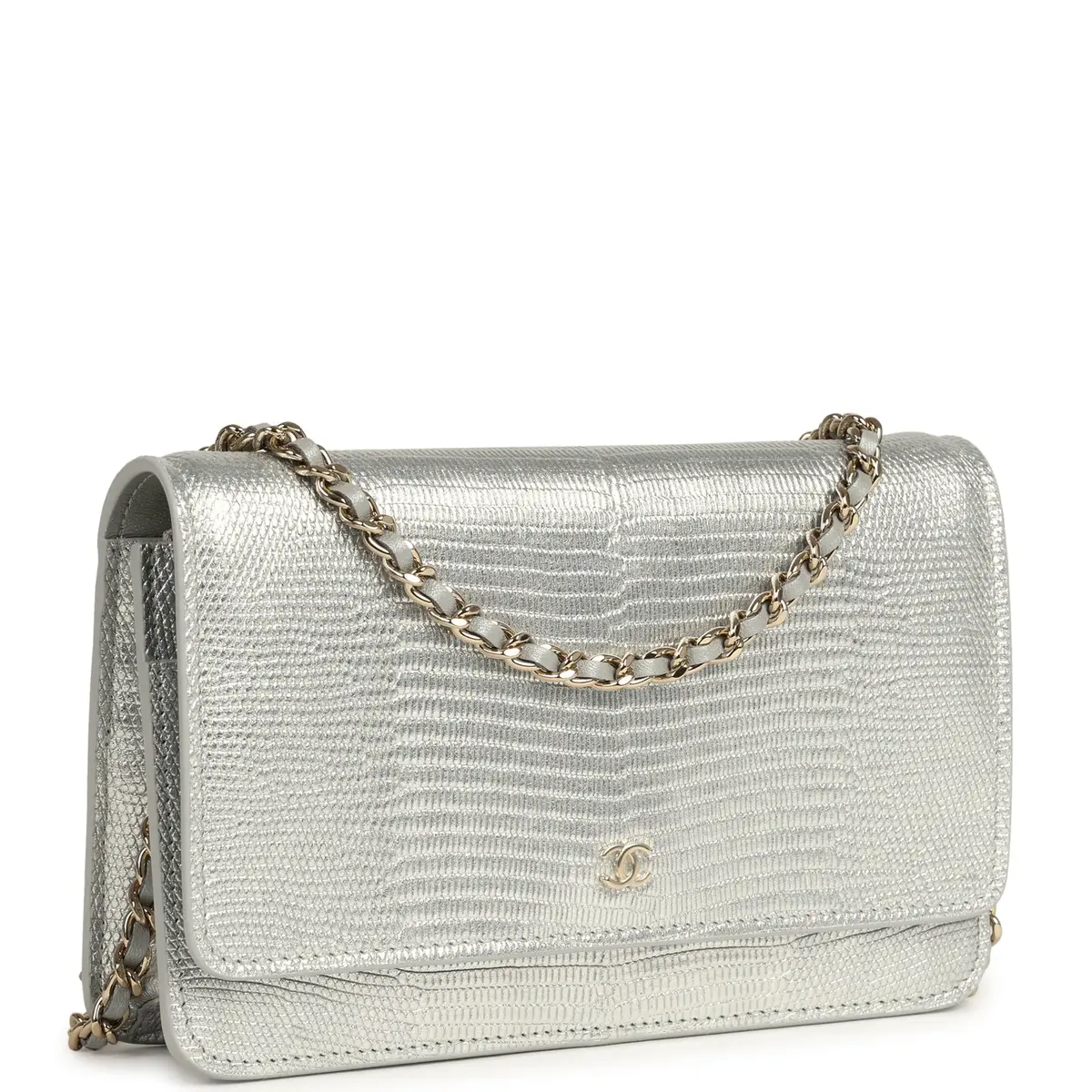 Chanel Chanel Wallet On Chain WOC Silver Metallic Lizard Embossed Calfskin Light Gold Hardware | Thumbnail 2 Chanel Chanel Wallet On Chain WOC Silver Metallic Lizard Embossed Calfskin Light Gold Hardware | Thumbnail 2