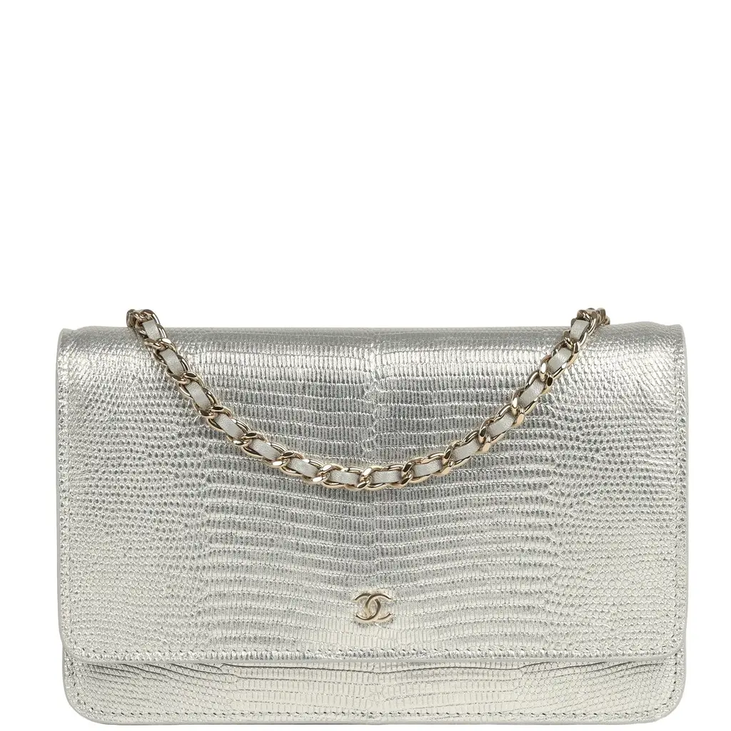 Chanel Chanel Wallet On Chain WOC Silver Metallic Lizard Embossed Calfskin Light Gold Hardware | Image 1 Chanel Chanel Wallet On Chain WOC Silver Metallic Lizard Embossed Calfskin Light Gold Hardware | Image 1