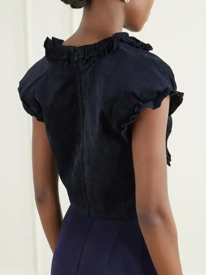 SHUSHU/TONG Crisscross Cropped Bow-detailed Ruffled Velvet Top | Thumbnail 3 SHUSHU/TONG Crisscross Cropped Bow-detailed Ruffled Velvet Top | Thumbnail 3