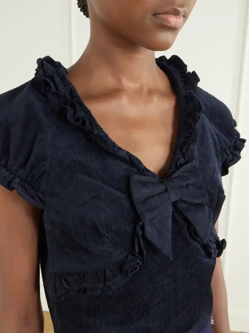 SHUSHU/TONG Crisscross Cropped Bow-detailed Ruffled Velvet Top | Thumbnail 4 SHUSHU/TONG Crisscross Cropped Bow-detailed Ruffled Velvet Top | Thumbnail 4