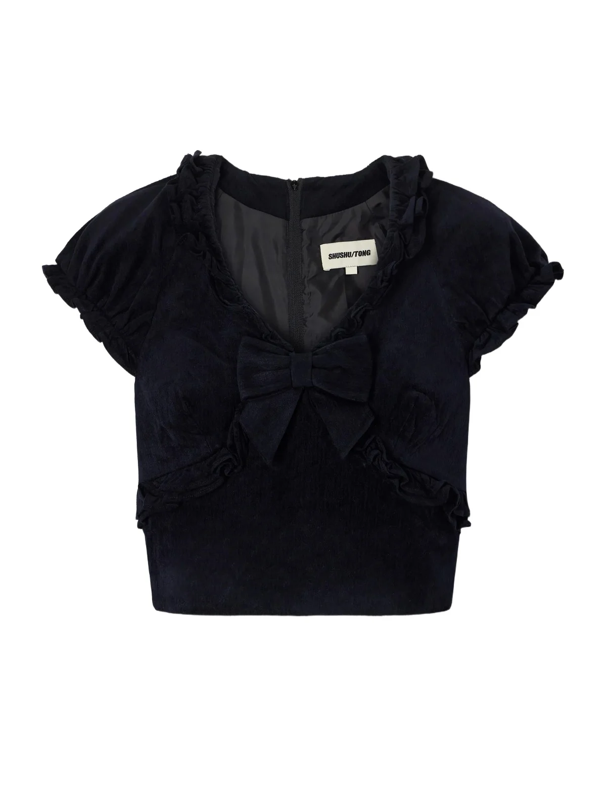 SHUSHU/TONG Crisscross Cropped Bow-detailed Ruffled Velvet Top