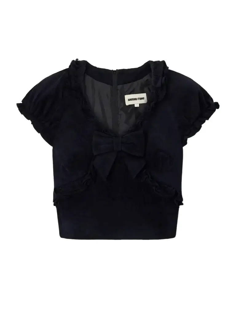 SHUSHU/TONG Crisscross Cropped Bow-detailed Ruffled Velvet Top