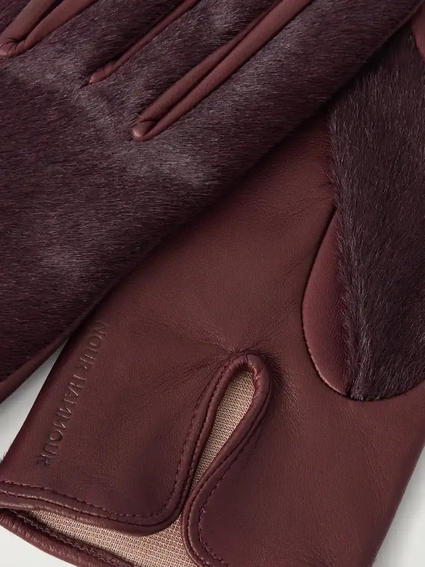 Nour Hammour Calf Hair And Leather Gloves - Burgundy | Thumbnail 2