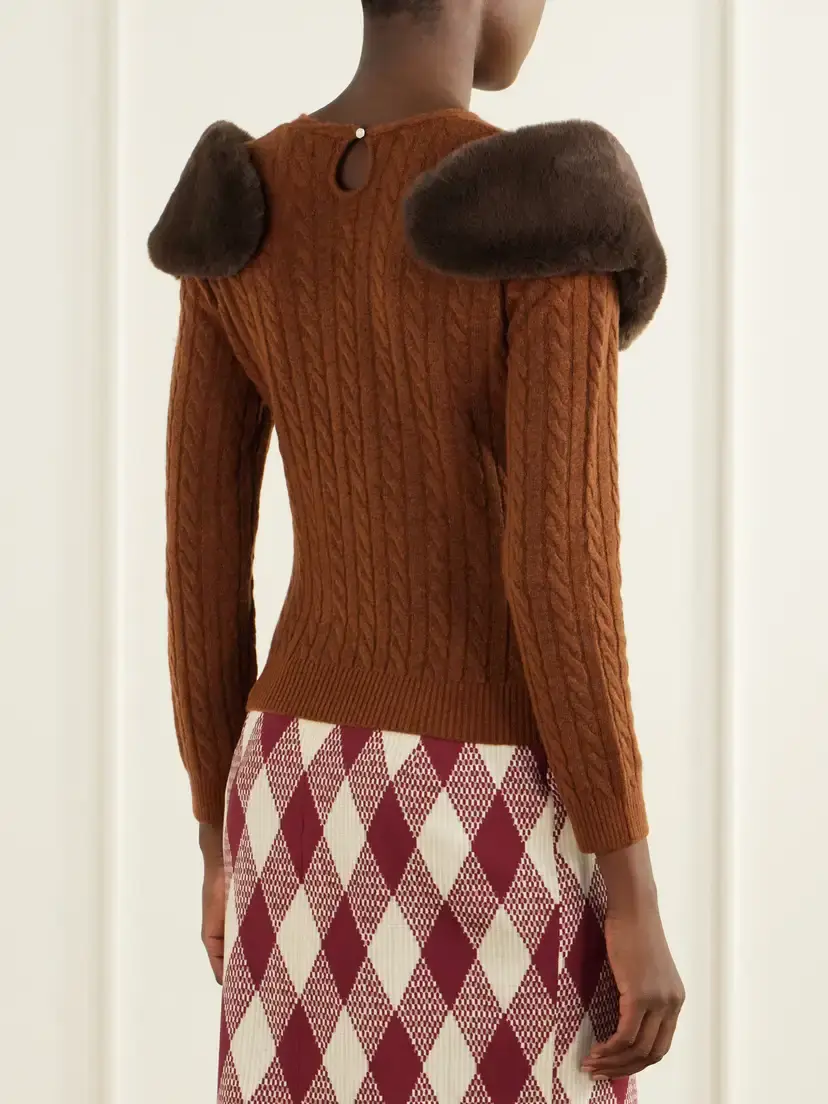 SHUSHU/TONG Plush-trimmed Cable-knit Wool And Lyocell-blend Sweater - Brown | Thumbnail 3 SHUSHU/TONG Plush-trimmed Cable-knit Wool And Lyocell-blend Sweater - Brown | Thumbnail 3