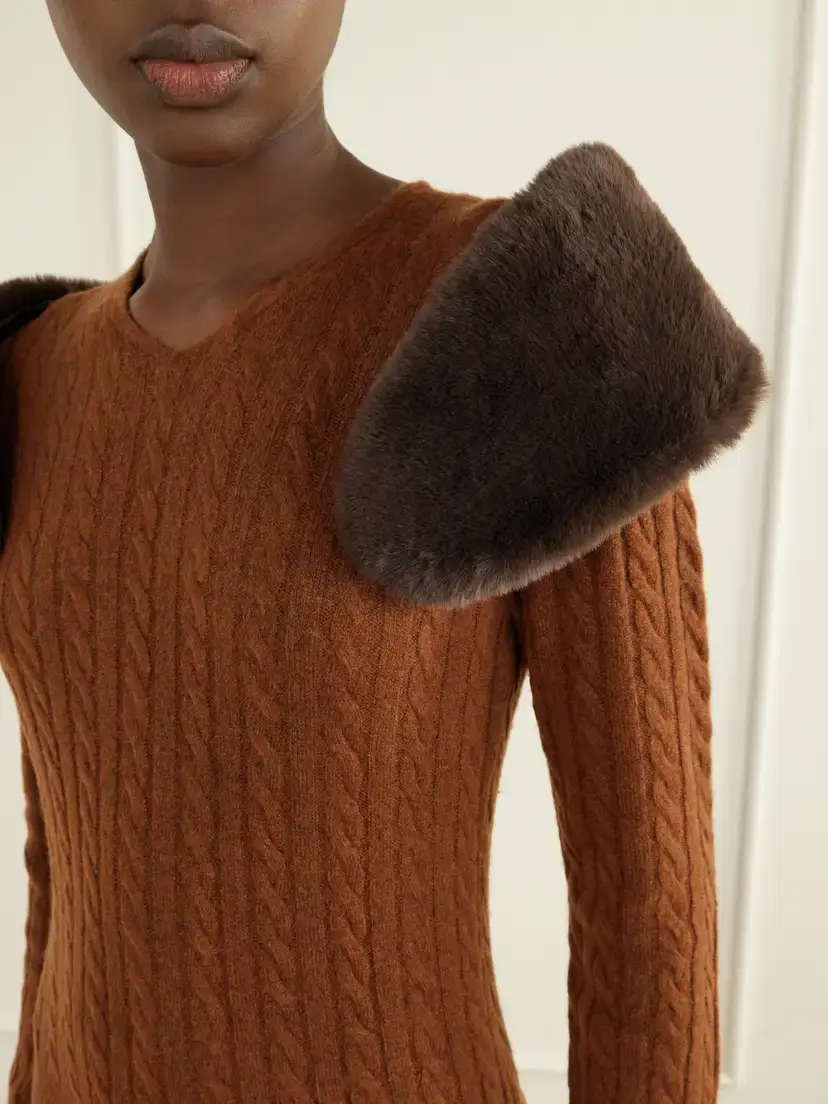 SHUSHU/TONG Plush-trimmed Cable-knit Wool And Lyocell-blend Sweater - Brown | Thumbnail 4 SHUSHU/TONG Plush-trimmed Cable-knit Wool And Lyocell-blend Sweater - Brown | Thumbnail 4