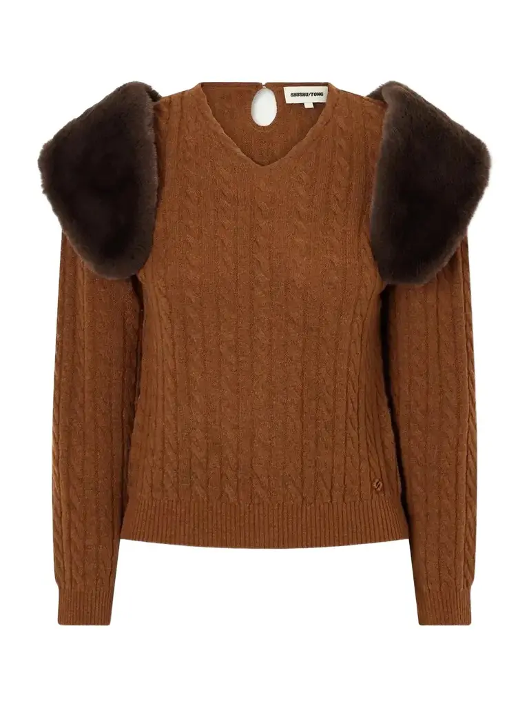 SHUSHU/TONG Plush-trimmed Cable-knit Wool And Lyocell-blend Sweater | Image 1 SHUSHU/TONG Plush-trimmed Cable-knit Wool And Lyocell-blend Sweater | Image 1