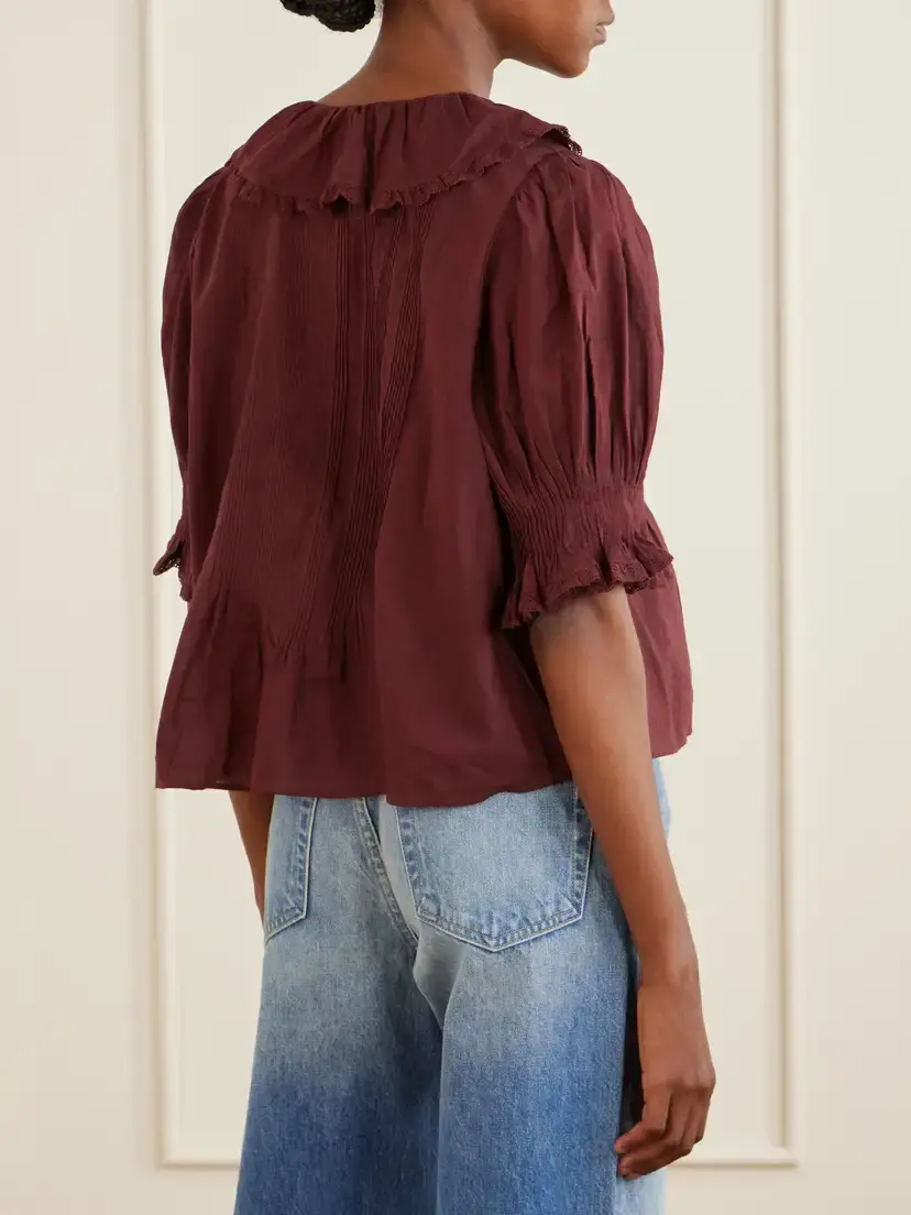 DÔEN Henri Shirred Lace-trimmed Organic Cotton Blouse | Thumbnail 3 DÔEN Henri Shirred Lace-trimmed Organic Cotton Blouse | Thumbnail 3