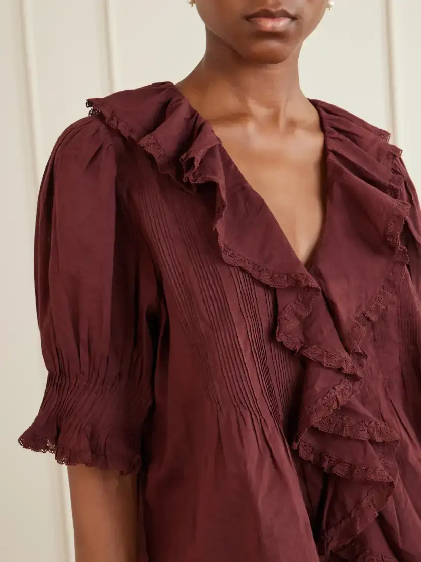 DÔEN Henri Shirred Lace-trimmed Organic Cotton Blouse | Thumbnail 4 DÔEN Henri Shirred Lace-trimmed Organic Cotton Blouse | Thumbnail 4