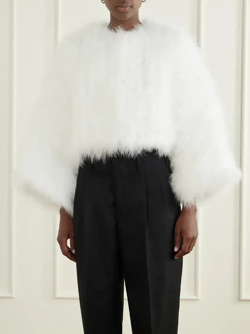 Yves Salomon Cropped Feather-trimmed Satin Cape | Thumbnail 3 Yves Salomon Cropped Feather-trimmed Satin Cape | Thumbnail 3