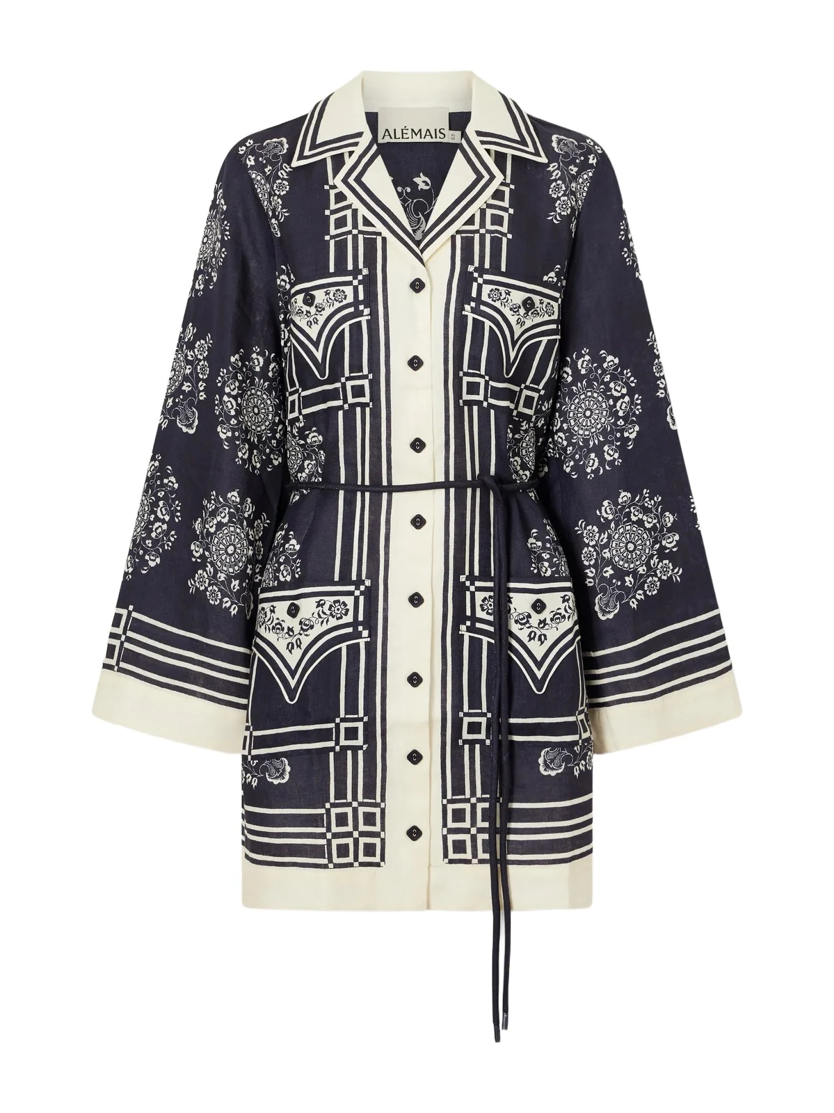 Banderra Belted Printed Linen Mini Dress