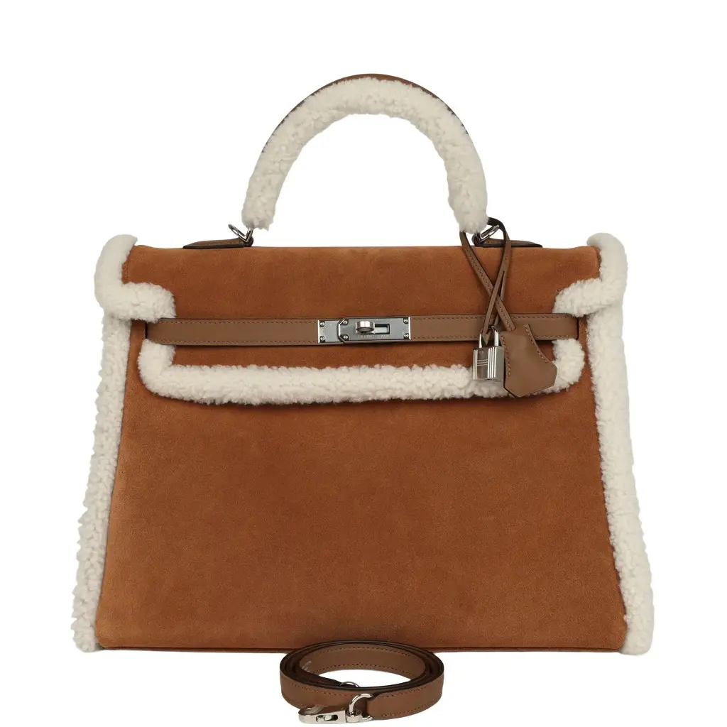 HERMÈS Hermes Teddy Kelly Retourne 35 Chamois, Ecru Shearling, Alezan Swift Palladium Hardware | Image 1 HERMÈS Hermes Teddy Kelly Retourne 35 Chamois, Ecru Shearling, Alezan Swift Palladium Hardware | Image 1