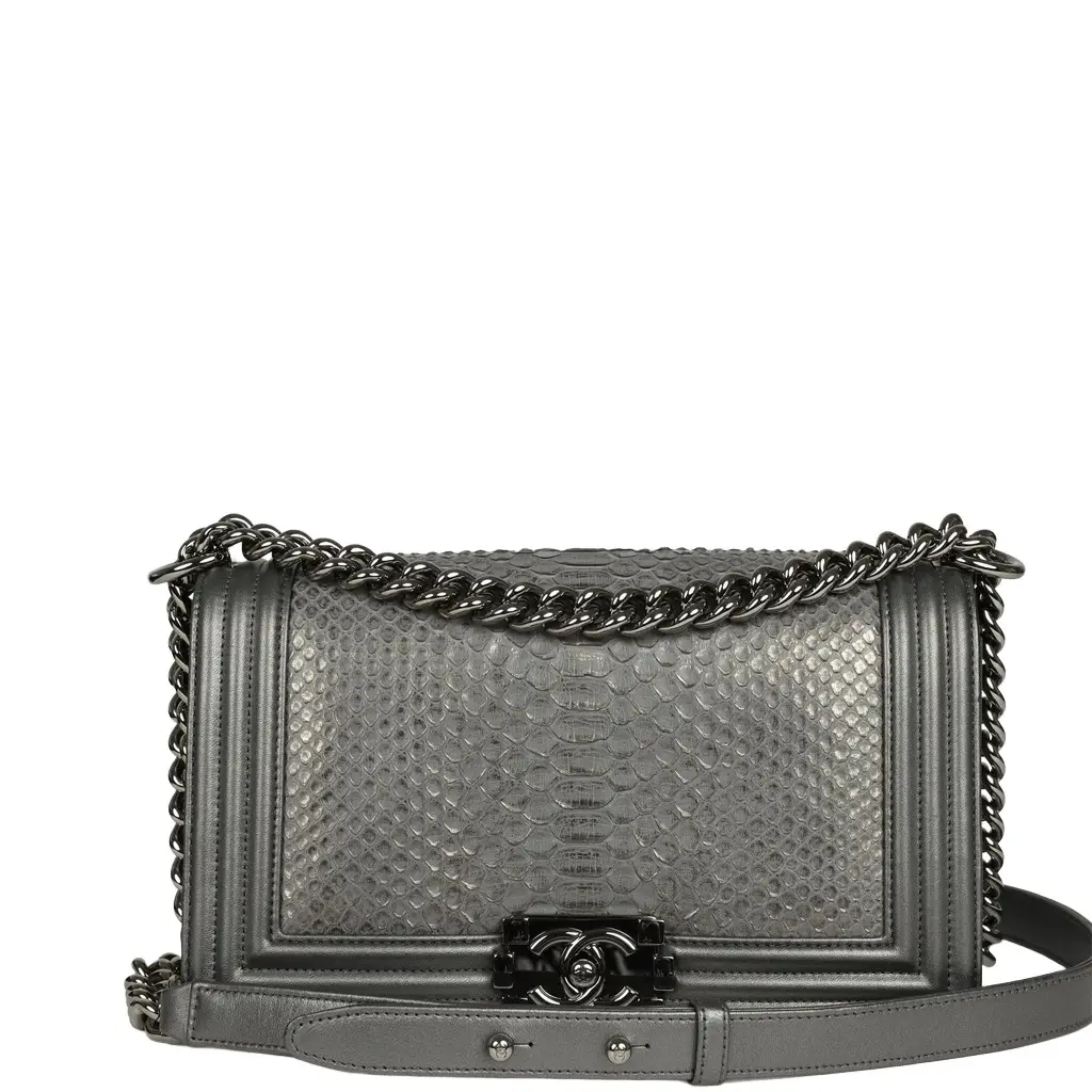 Chanel Pre-owned Chanel Medium Boy Bag Silver Python Ruthenium Hardware | Image 1 Chanel Pre-owned Chanel Medium Boy Bag Silver Python Ruthenium Hardware | Image 1