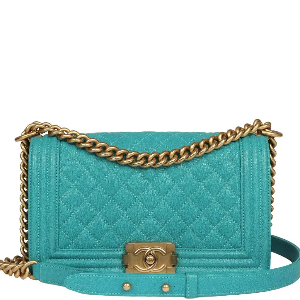 Chanel Pre-owned Chanel Medium Boy Bag Turquoise Caviar Antique Gold Hardware | Image 1 Chanel Pre-owned Chanel Medium Boy Bag Turquoise Caviar Antique Gold Hardware | Image 1