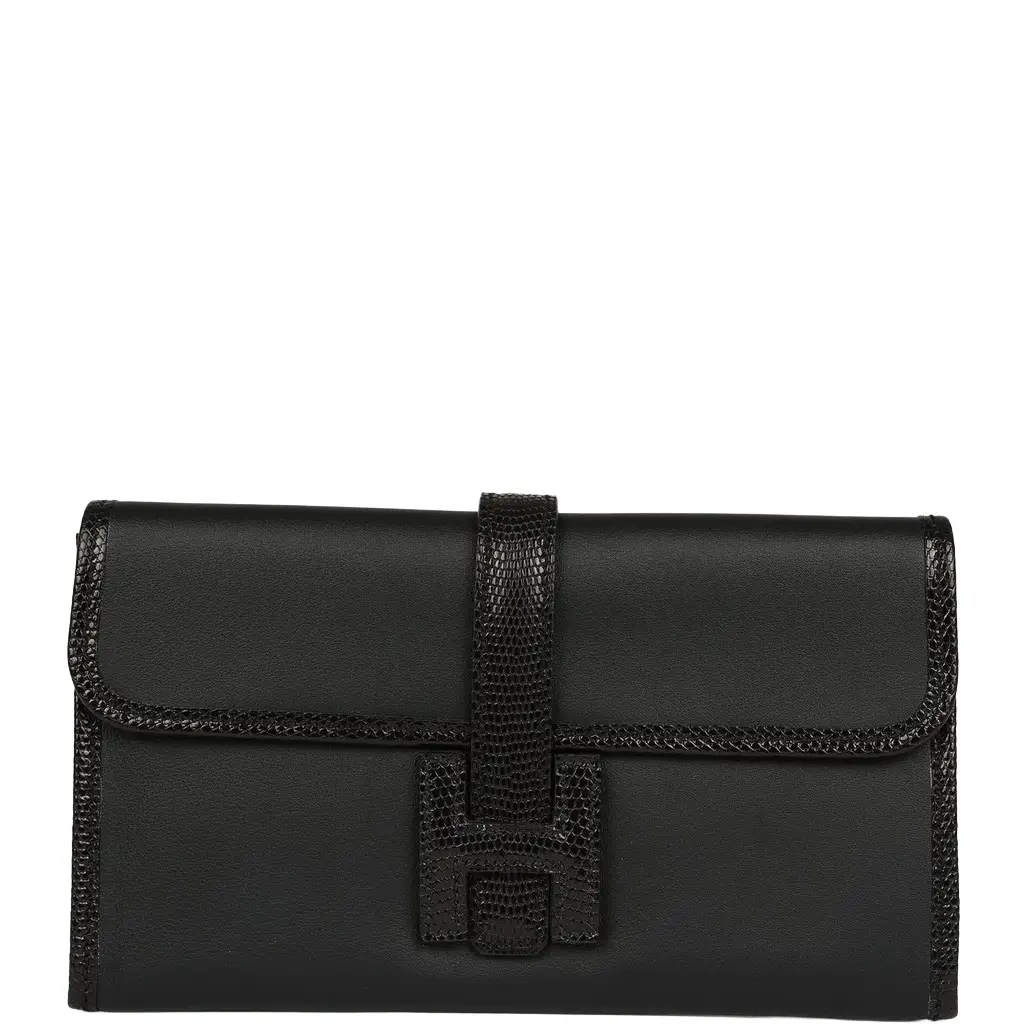 HERMÈS Pre-owned Hermes Jige Duo Clutch Touch Black Swift, Varanus Niloticus Lizard Touch Palladium Hardware