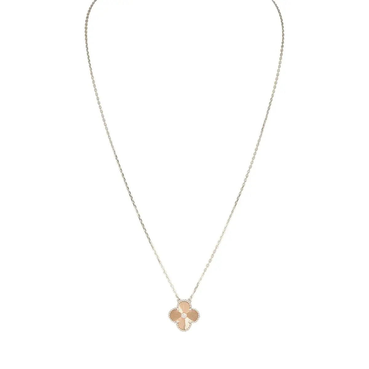 Van Cleef & Arpels Van Cleef & Arpels 2024 Holiday Vintage Alhambra Pendant Necklace Rose Gold Guilloche 18K White Gold & Diamonds | Image 1 Van Cleef & Arpels Van Cleef & Arpels 2024 Holiday Vintage Alhambra Pendant Necklace Rose Gold Guilloche 18K White Gold & Diamonds | Image 1