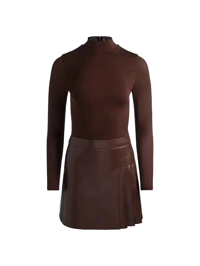 Alice + Olivia Women's Chara Mixed-Media Pleated-Skirt Mini Dress - Dark Chocolate | Image 1 Alice + Olivia Women's Chara Mixed-Media Pleated-Skirt Mini Dress - Dark Chocolate | Image 1