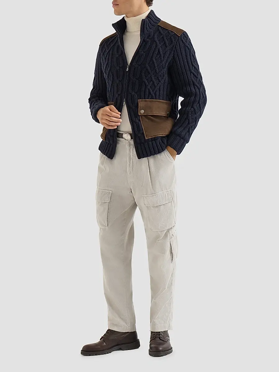 Brunello Cucinelli Men's Cable Knit Cardigan in Cashmere Feather with Suede Inserts - Navy Blue | Thumbnail 2 Brunello Cucinelli Men's Cable Knit Cardigan in Cashmere Feather with Suede Inserts - Navy Blue | Thumbnail 2